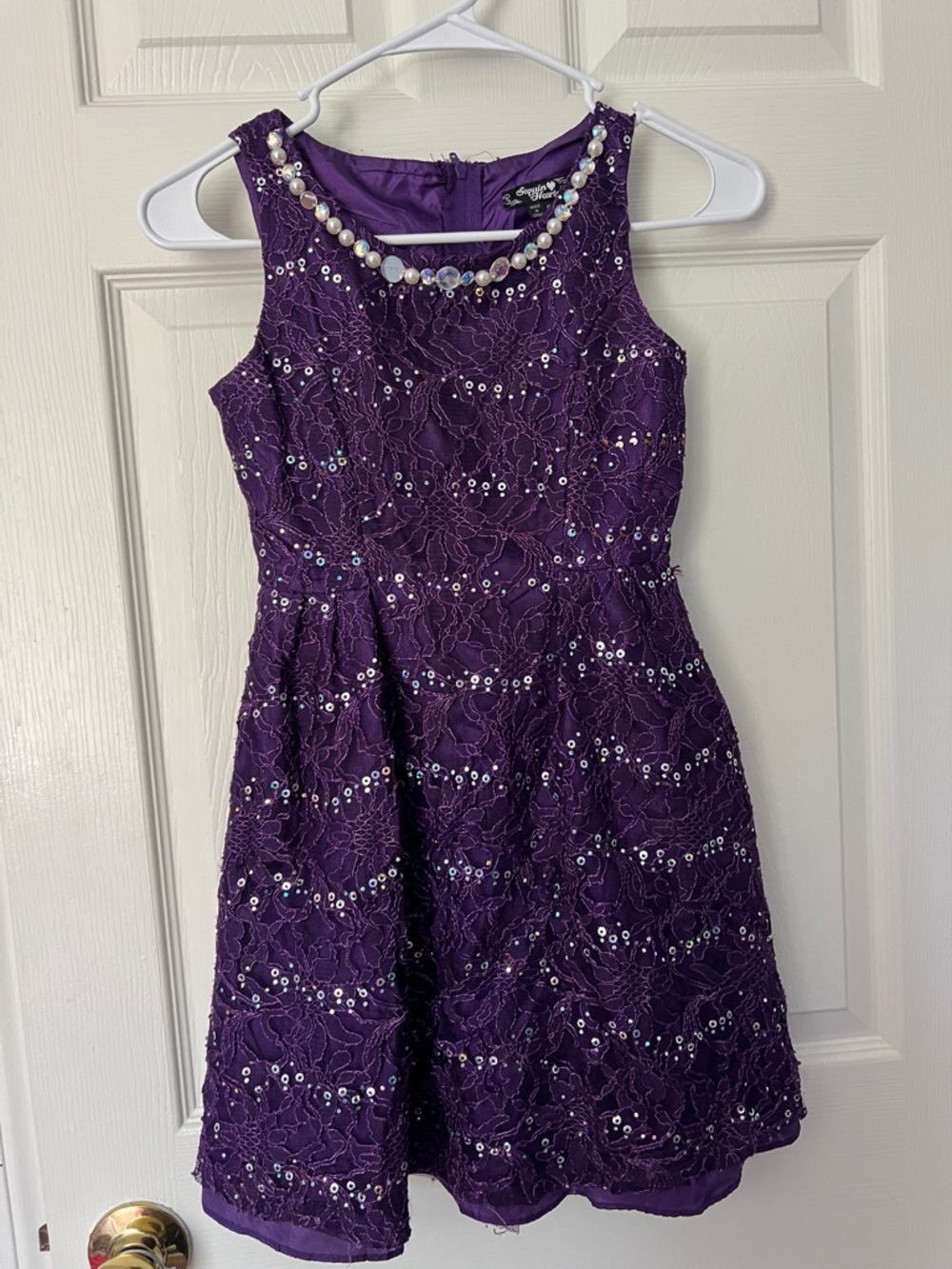 Sequin Hearts Purple Lace Sequin Dress with Pearl Accent